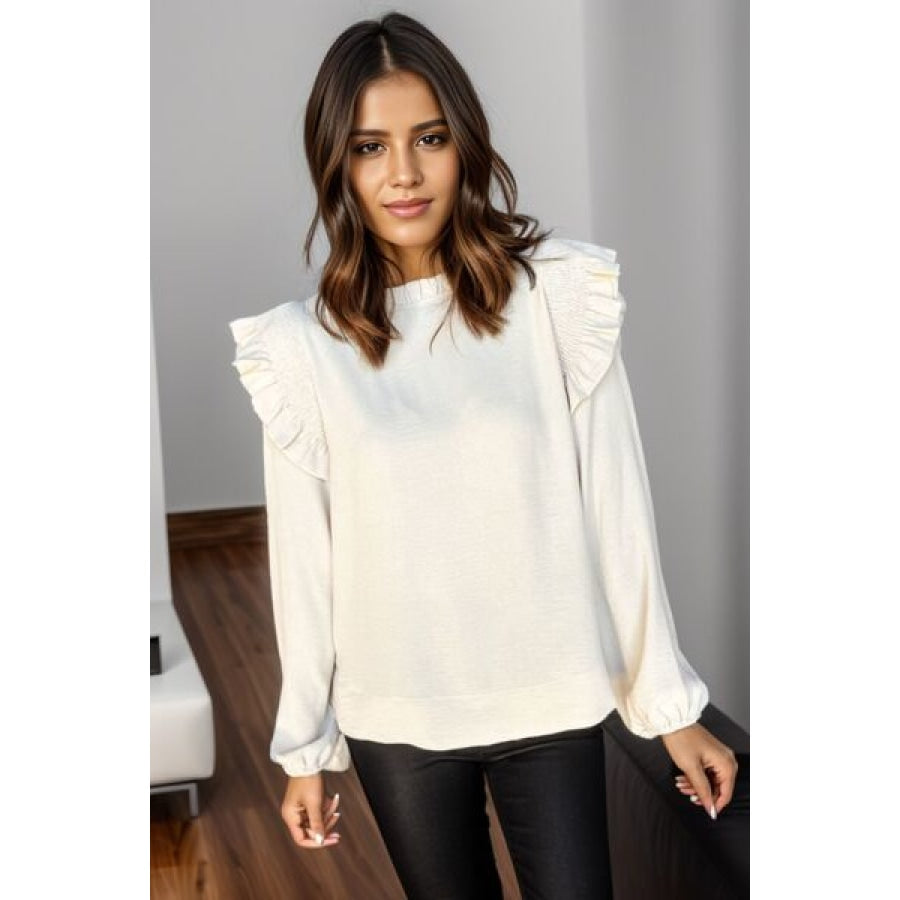 Ruffled Mock Neck Balloon Sleeve Blouse Apparel and Accessories