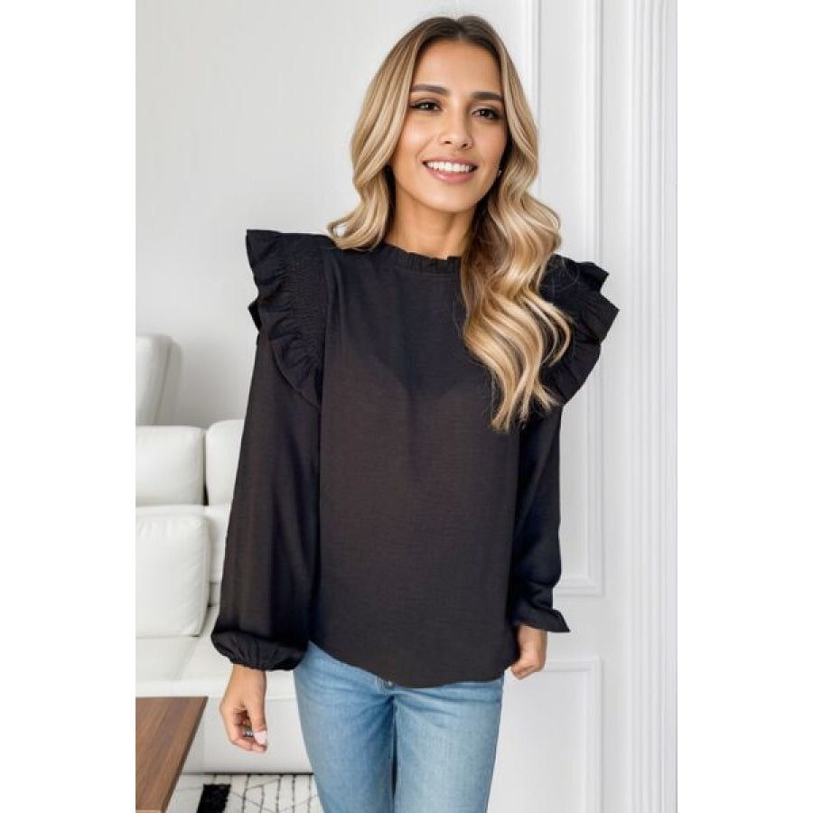 Ruffled Mock Neck Balloon Sleeve Blouse Black / S Apparel and Accessories