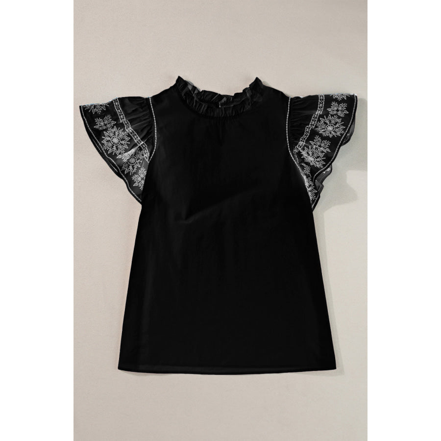 Ruffled Mock Neck Cap Sleeve Blouse Black / 2XL Apparel and Accessories