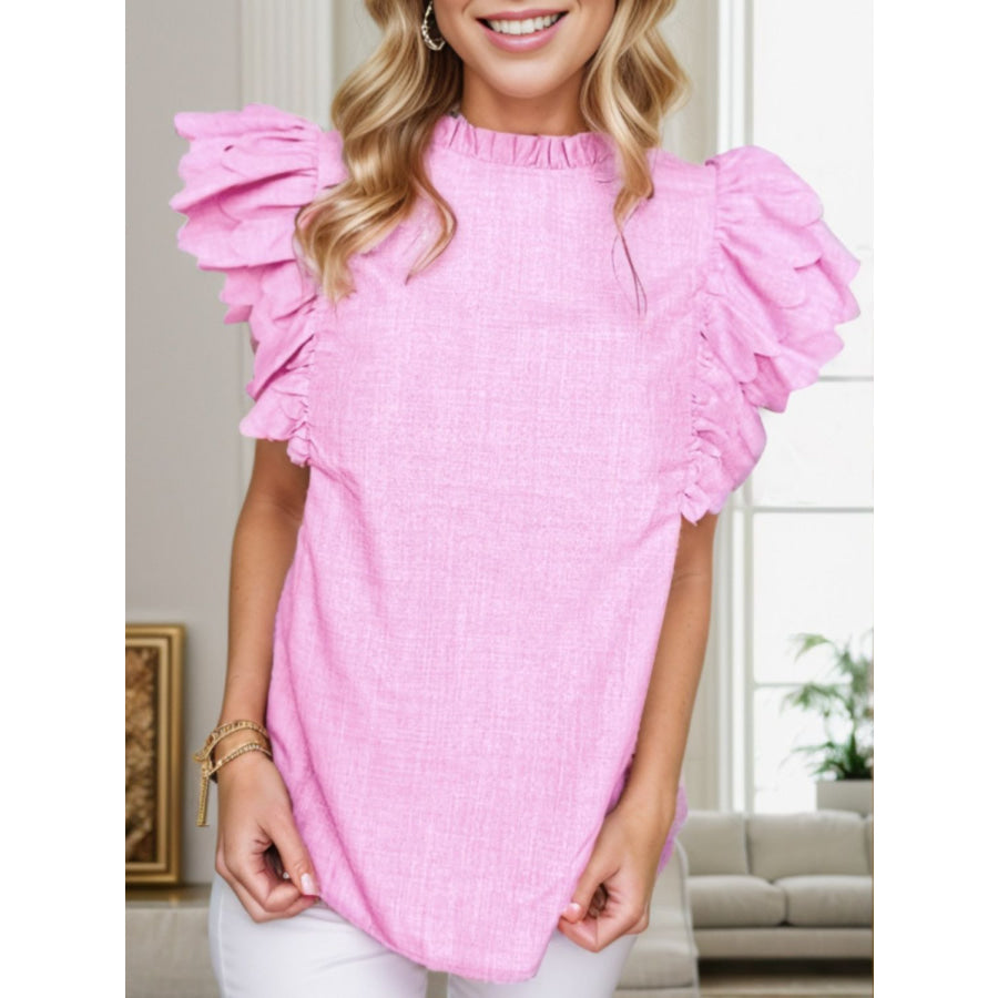 Ruffled Mock Neck Cap Sleeve Blouse Carnation Pink / S Apparel and Accessories