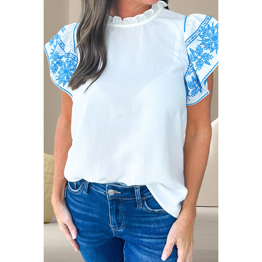 Ruffled Mock Neck Cap Sleeve Blouse White / S Apparel and Accessories