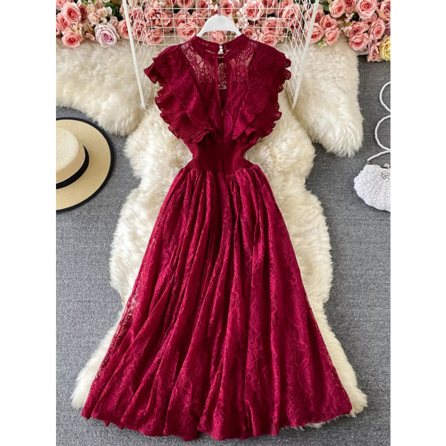Ruffled Mock Neck Lace Maxi Dress Apparel and Accessories