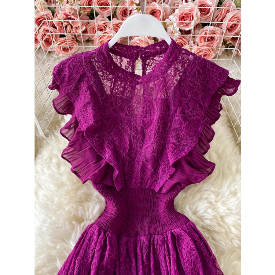 Ruffled Mock Neck Lace Maxi Dress Apparel and Accessories