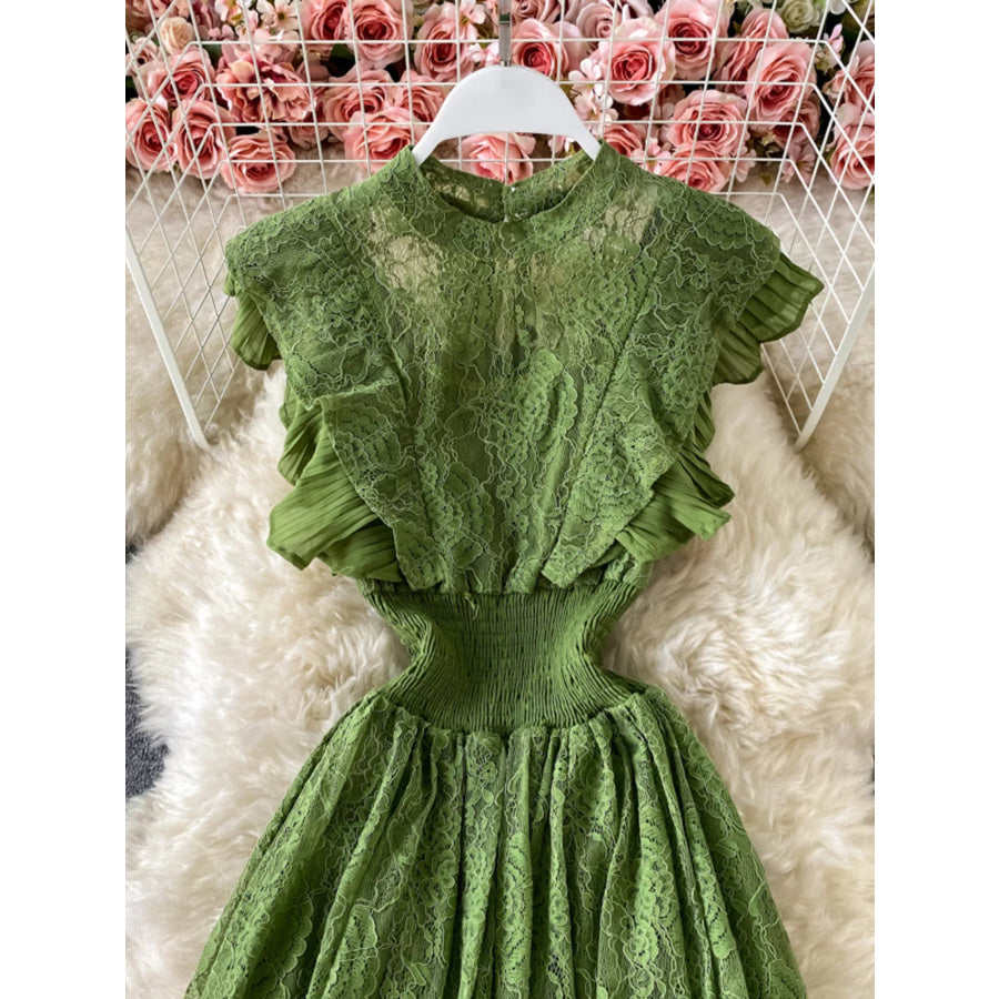 Ruffled Mock Neck Lace Maxi Dress Apparel and Accessories