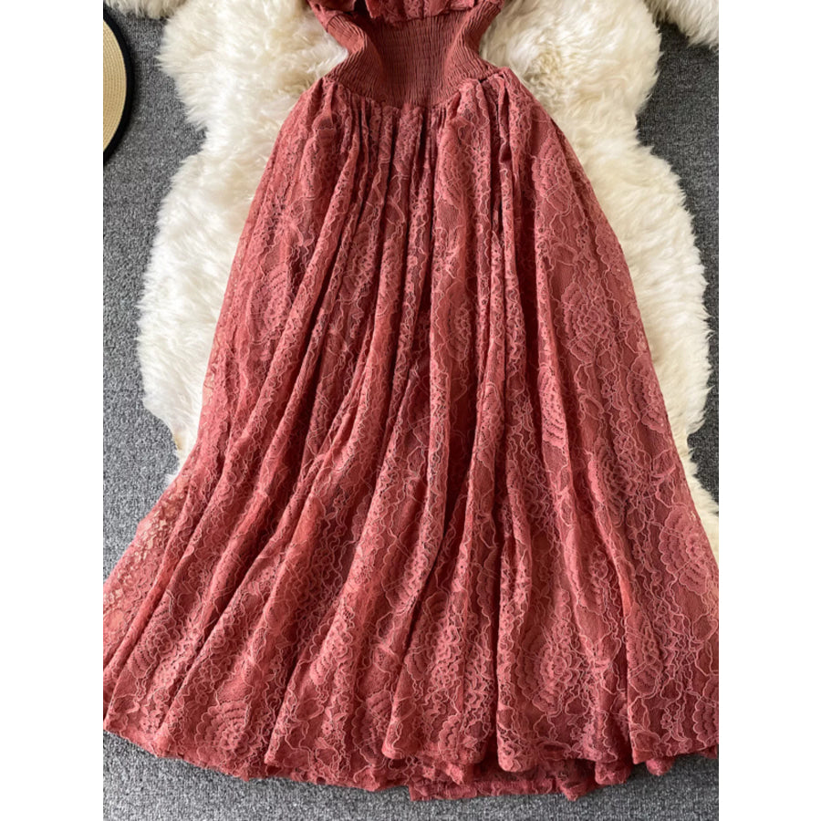 Ruffled Mock Neck Lace Maxi Dress Apparel and Accessories