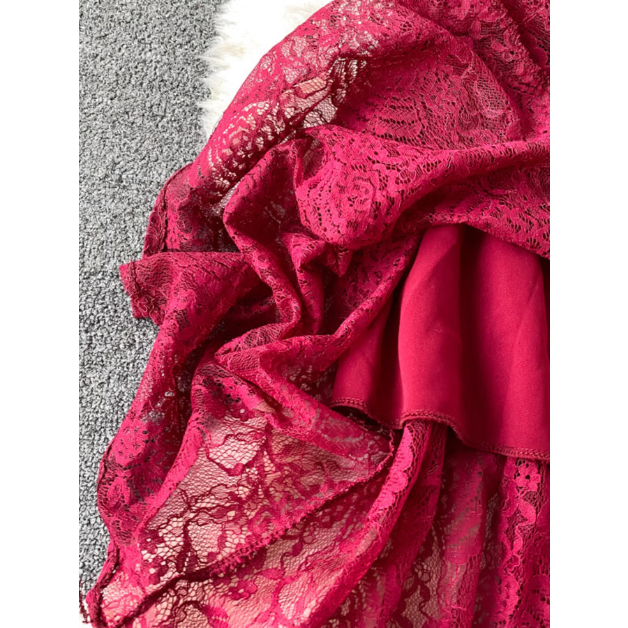 Ruffled Mock Neck Lace Maxi Dress Apparel and Accessories