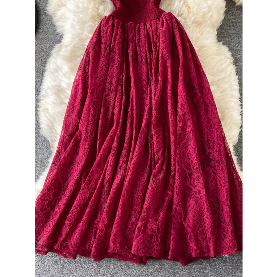 Ruffled Mock Neck Lace Maxi Dress Apparel and Accessories