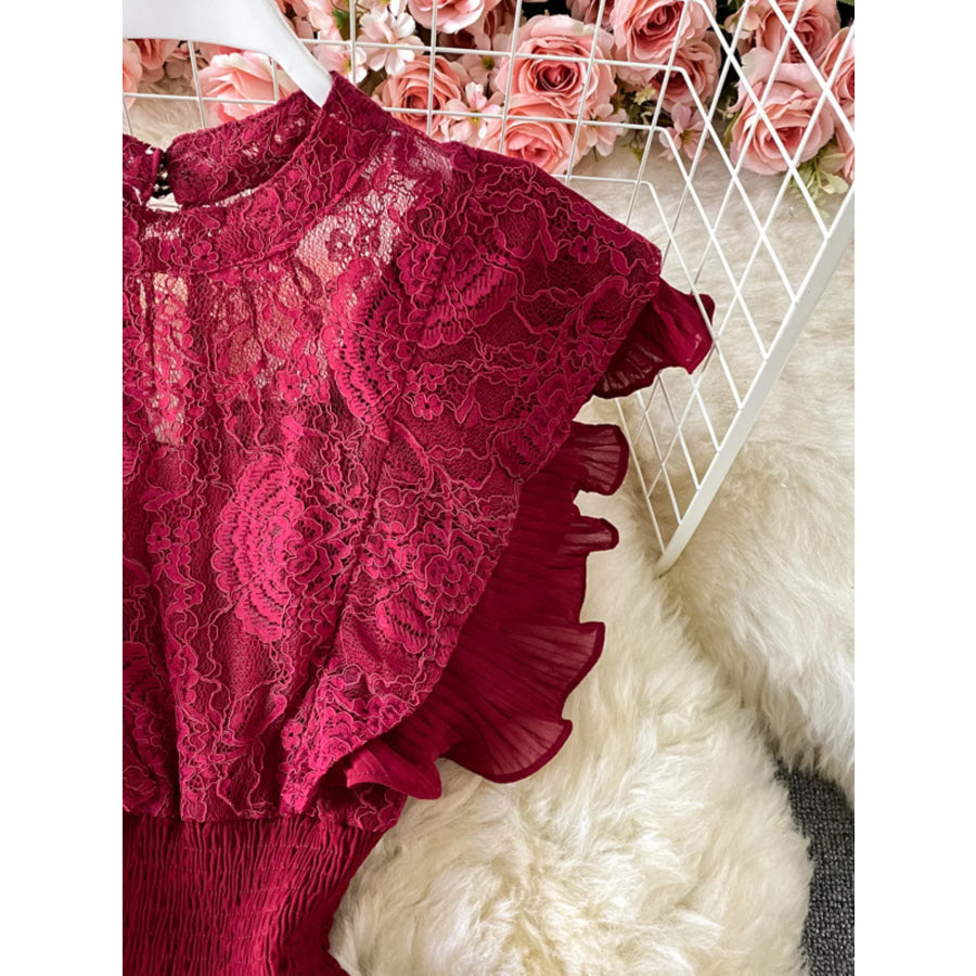 Ruffled Mock Neck Lace Maxi Dress Apparel and Accessories