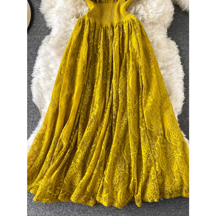 Ruffled Mock Neck Lace Maxi Dress Apparel and Accessories