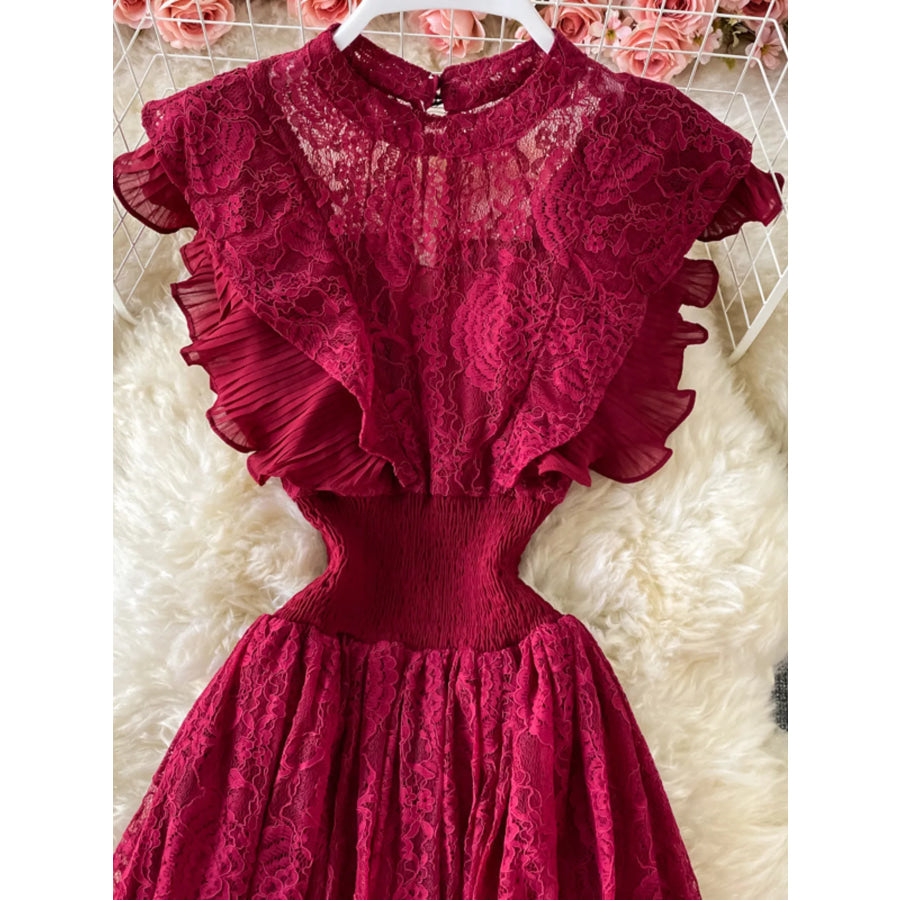 Ruffled Mock Neck Lace Maxi Dress Apparel and Accessories