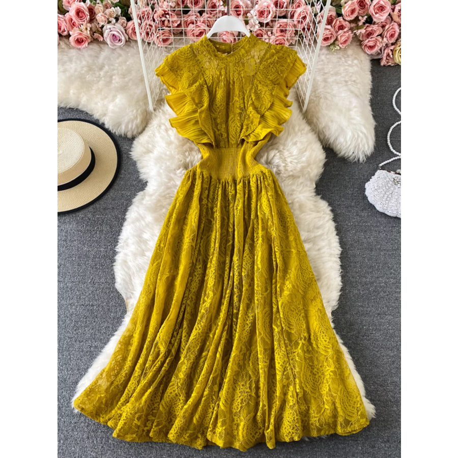 Ruffled Mock Neck Lace Maxi Dress Yellow / One Size Apparel and Accessories