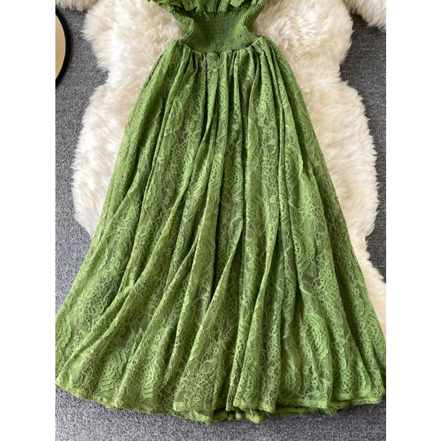 Ruffled Mock Neck Lace Maxi Dress Apparel and Accessories