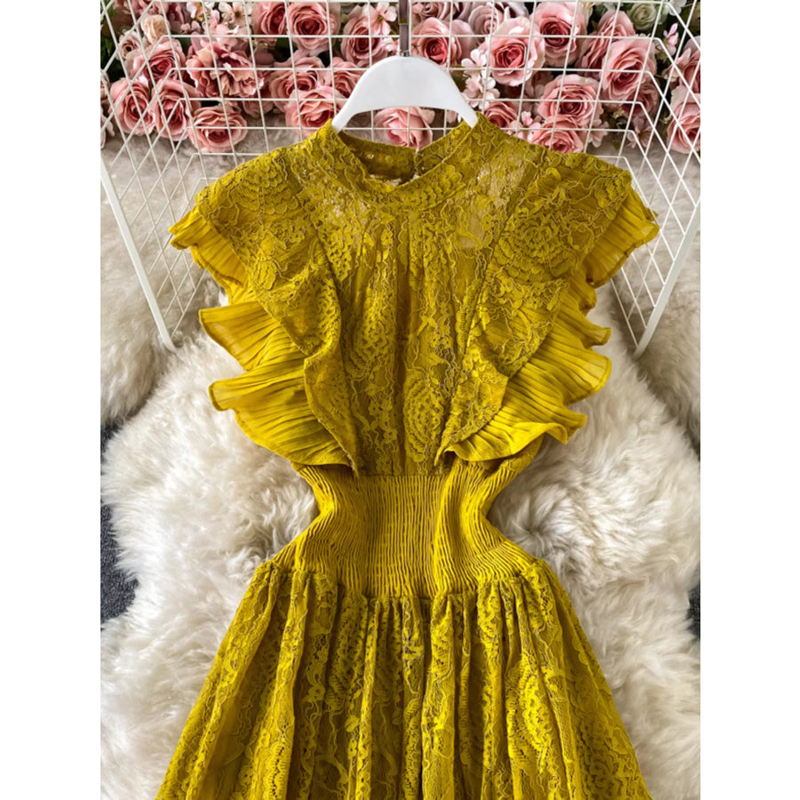 Ruffled Mock Neck Lace Maxi Dress Apparel and Accessories