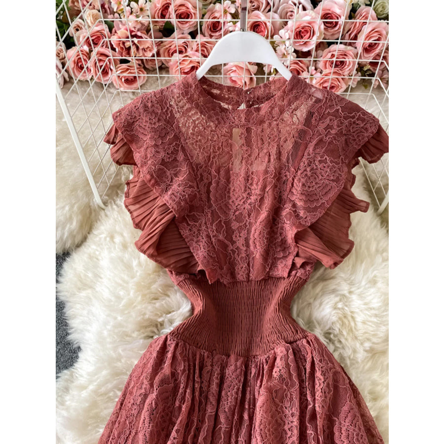 Ruffled Mock Neck Lace Maxi Dress Apparel and Accessories