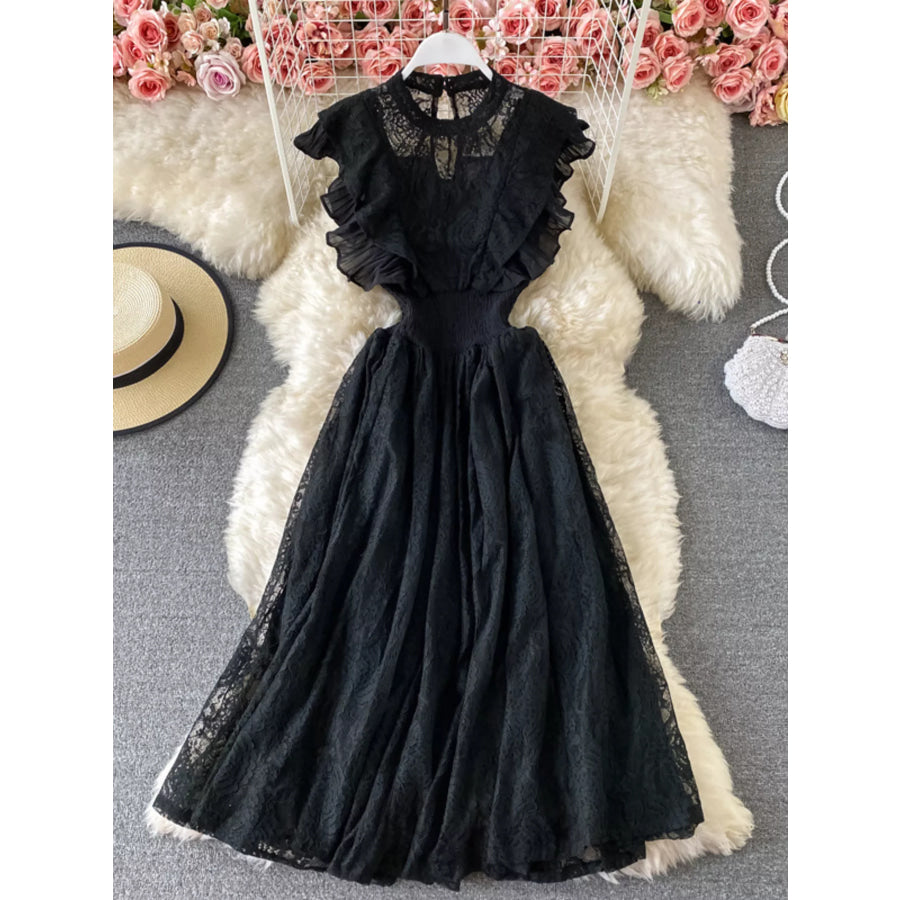 Ruffled Mock Neck Lace Maxi Dress Black / One Size Apparel and Accessories