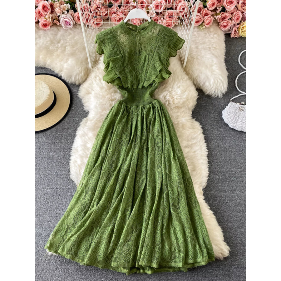 Ruffled Mock Neck Lace Maxi Dress Emerald Green / One Size Apparel and Accessories