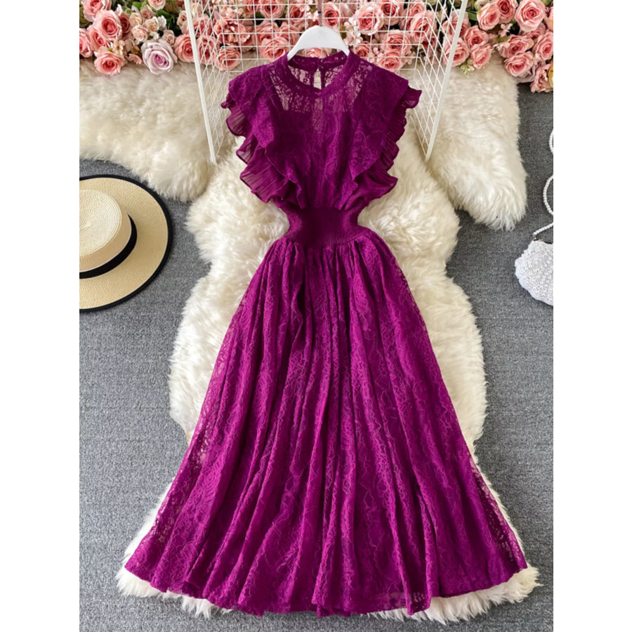 Ruffled Mock Neck Lace Maxi Dress Fuchsia / One Size Apparel and Accessories