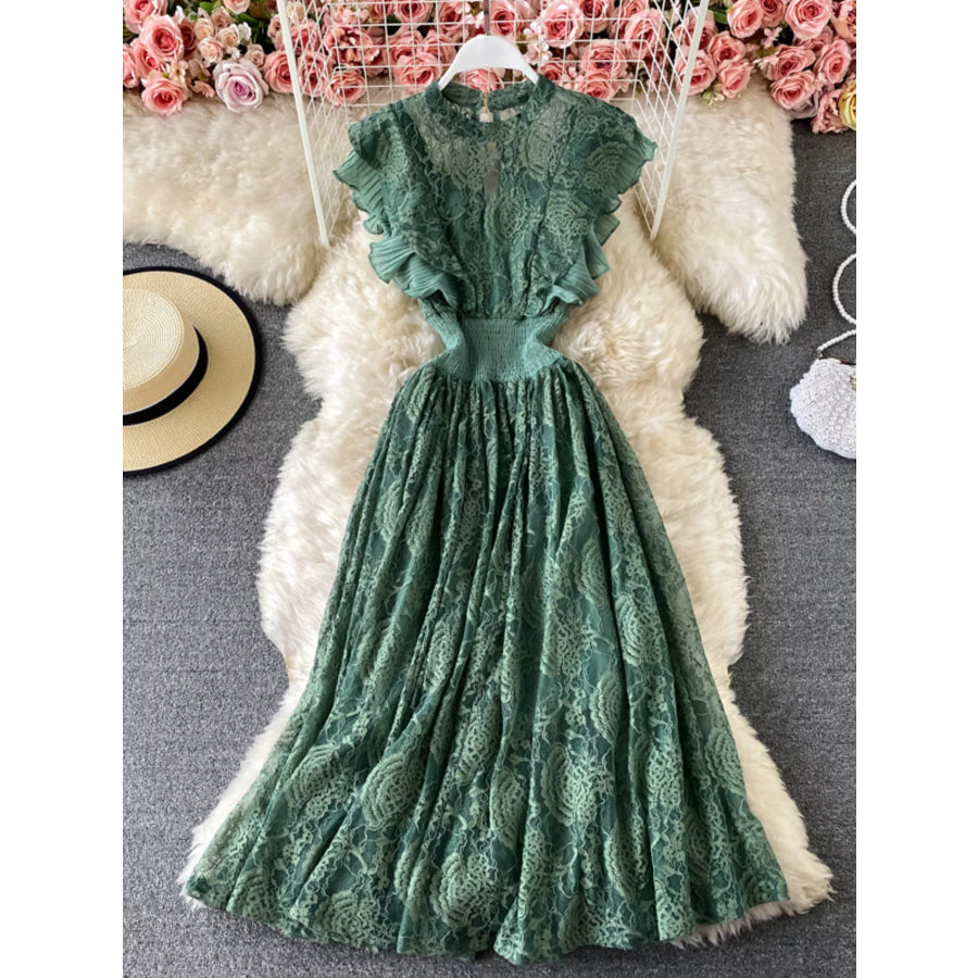 Ruffled Mock Neck Lace Maxi Dress Green / One Size Apparel and Accessories