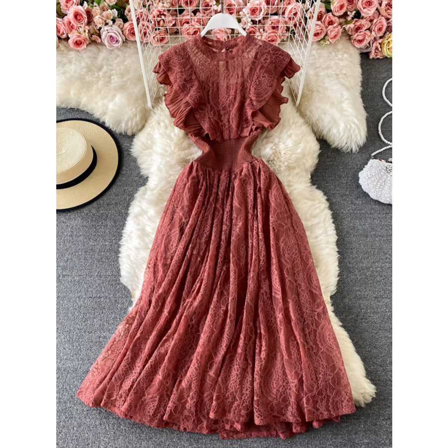 Ruffled Mock Neck Lace Maxi Dress Light Brown / One Size Apparel and Accessories