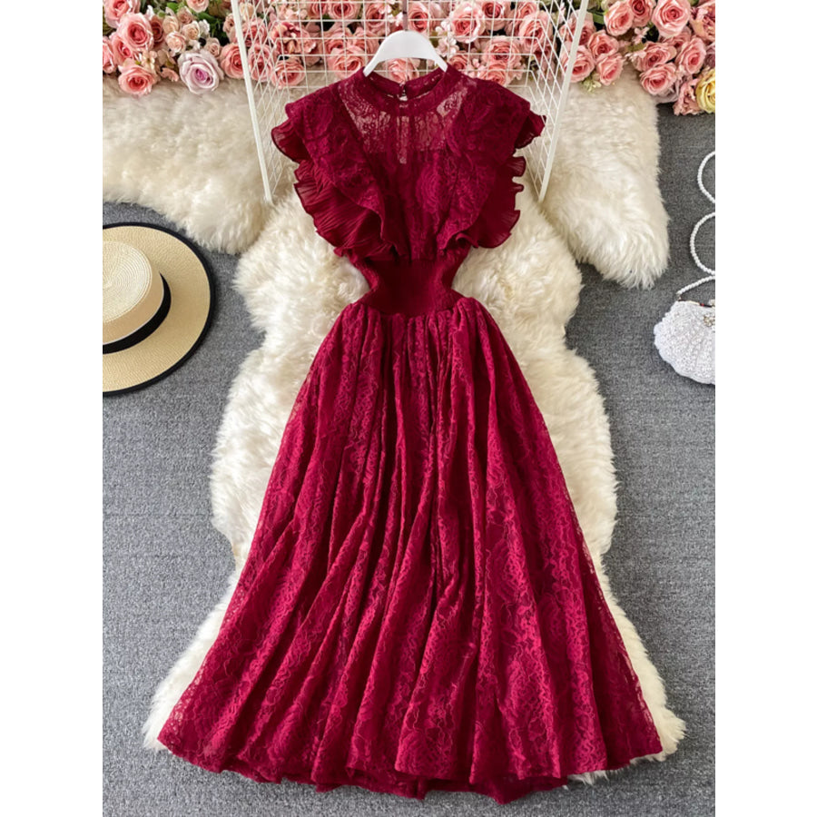 Ruffled Mock Neck Lace Maxi Dress Red / One Size Apparel and Accessories