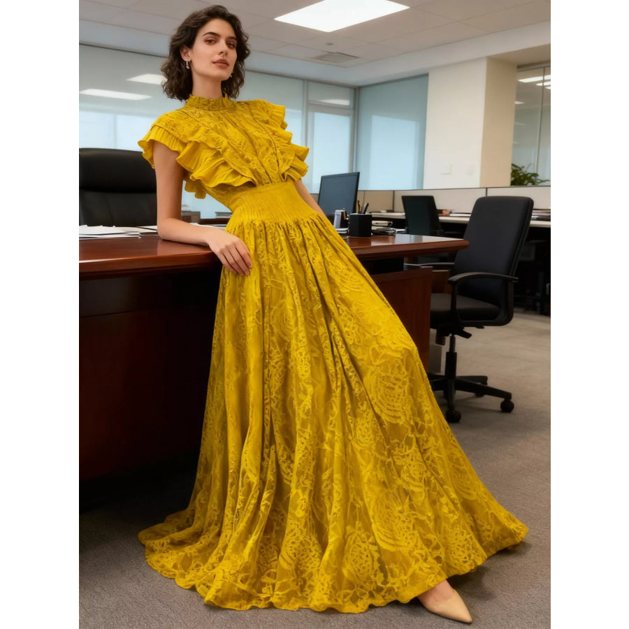 Ruffled Mock Neck Lace Maxi Dress Yellow / One Size Apparel and Accessories