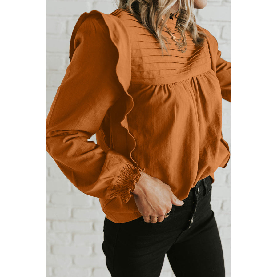 Ruffled Mock Neck Long Sleeve Blouse Apparel and Accessories