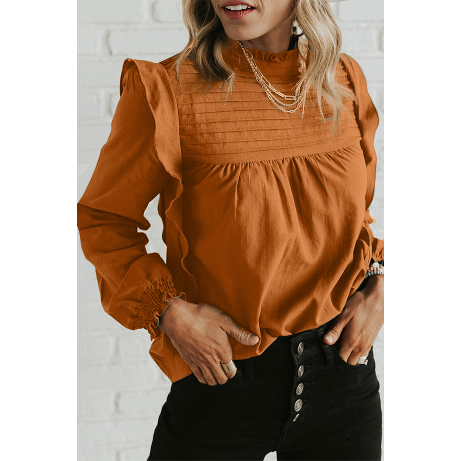 Ruffled Mock Neck Long Sleeve Blouse Ochre / S Apparel and Accessories