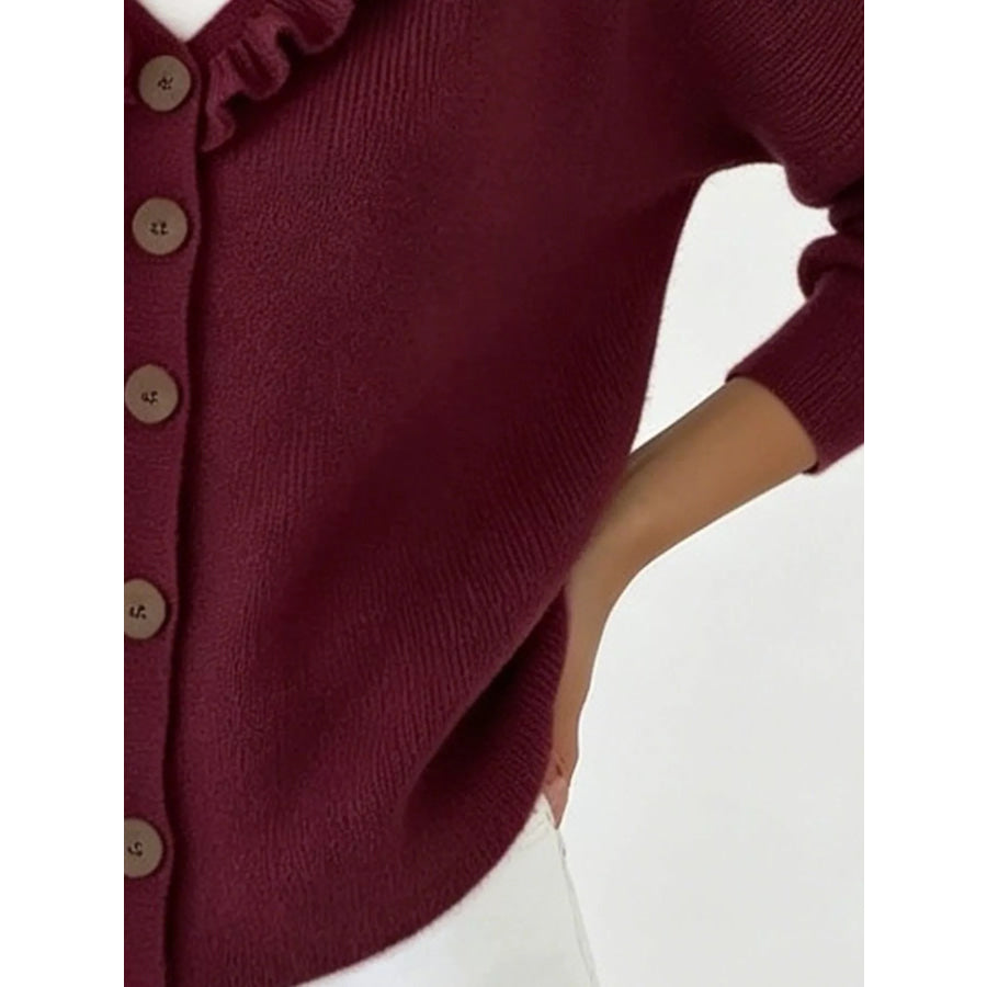 Ruffled Neckline Button-Up Cardigan Apparel and Accessories