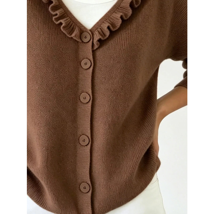 Ruffled Neckline Button-Up Cardigan Apparel and Accessories