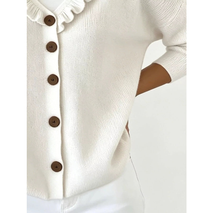 Ruffled Neckline Button-Up Cardigan Apparel and Accessories