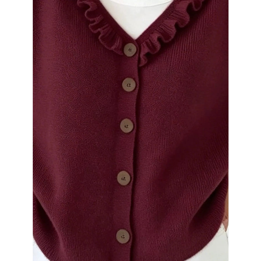 Ruffled Neckline Button-Up Cardigan Apparel and Accessories