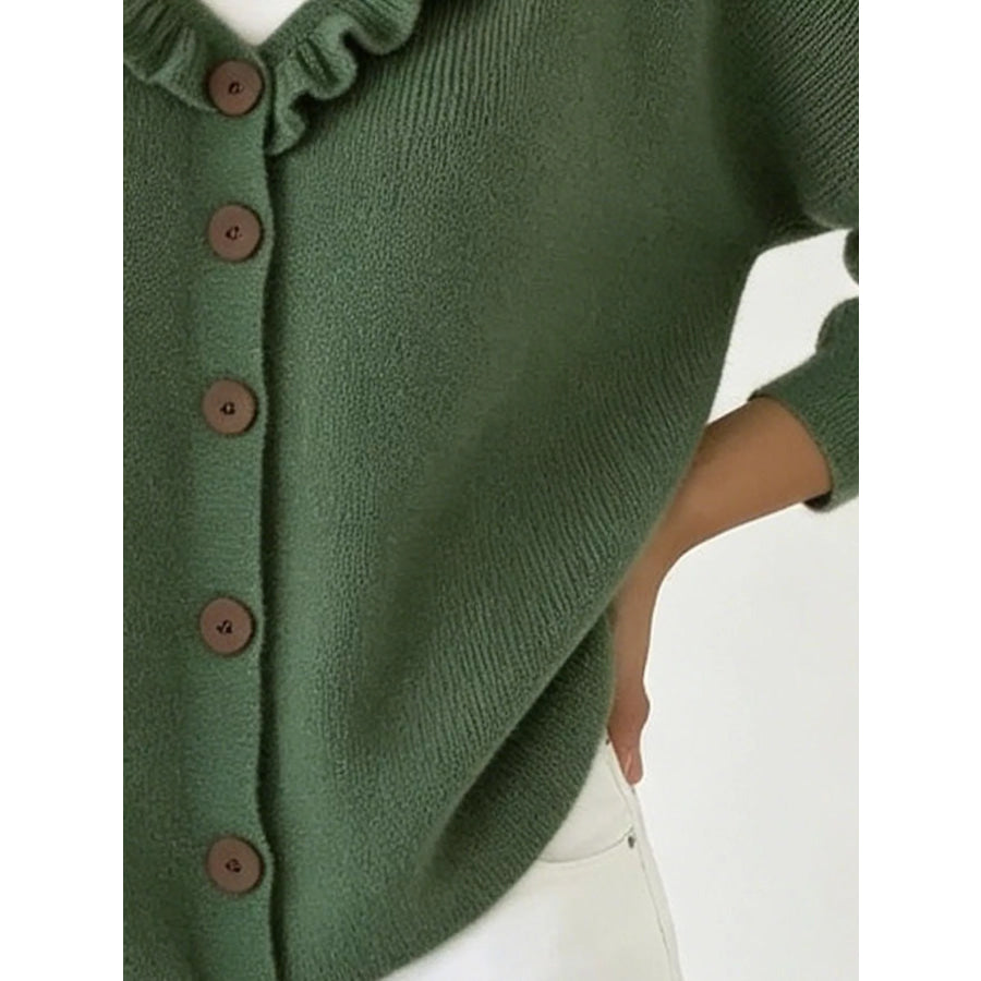 Ruffled Neckline Button-Up Cardigan Apparel and Accessories