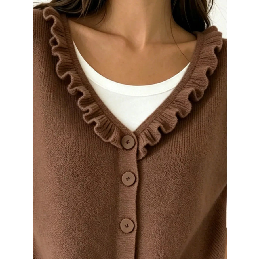 Ruffled Neckline Button-Up Cardigan Apparel and Accessories