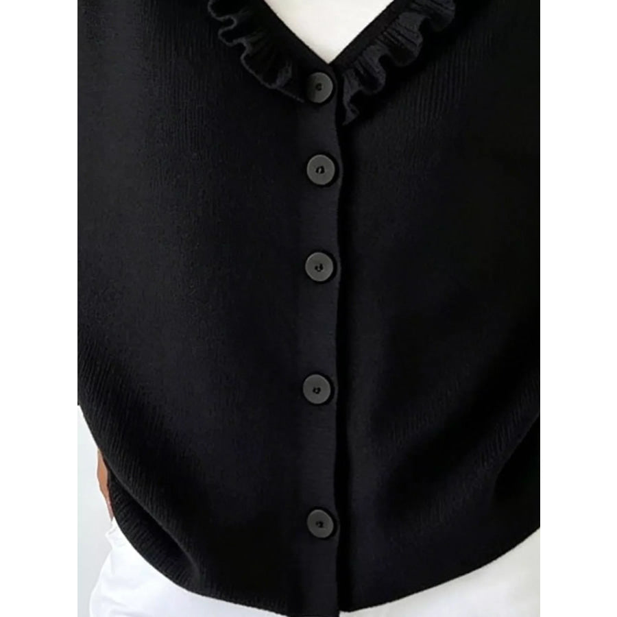 Ruffled Neckline Button-Up Cardigan Apparel and Accessories
