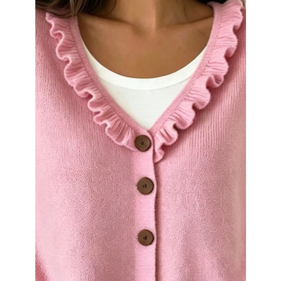 Ruffled Neckline Button-Up Cardigan Apparel and Accessories