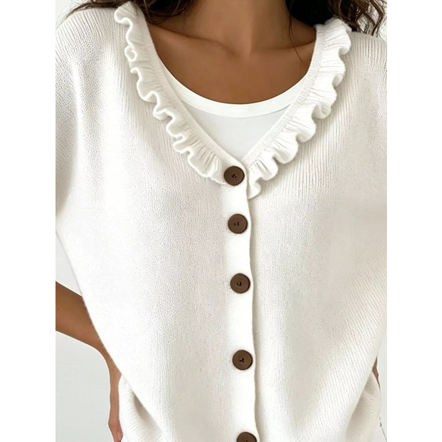 Ruffled Neckline Button-Up Cardigan Apparel and Accessories