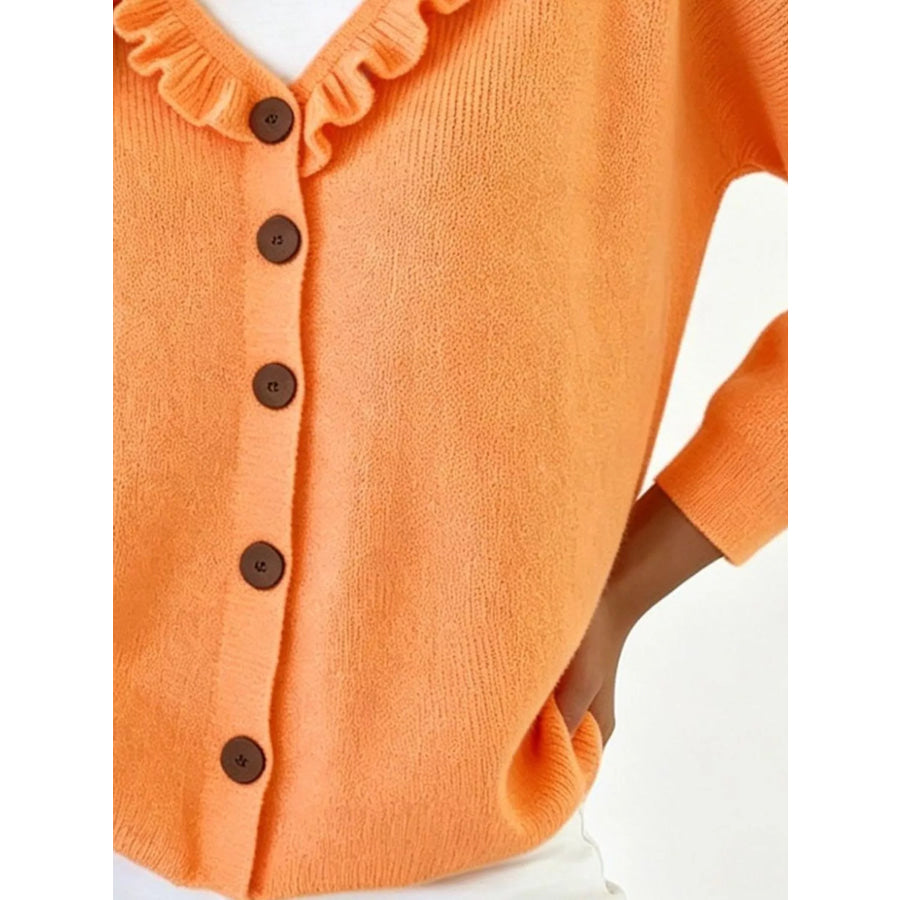Ruffled Neckline Button-Up Cardigan Apparel and Accessories