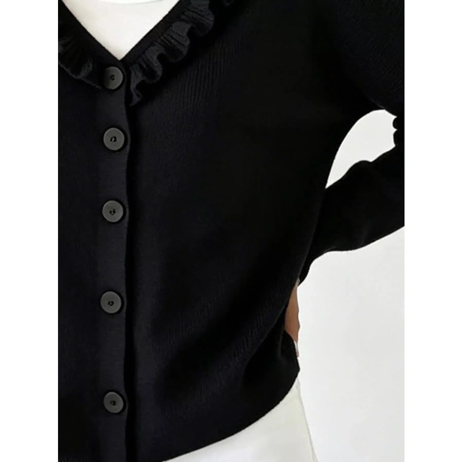 Ruffled Neckline Button-Up Cardigan Apparel and Accessories