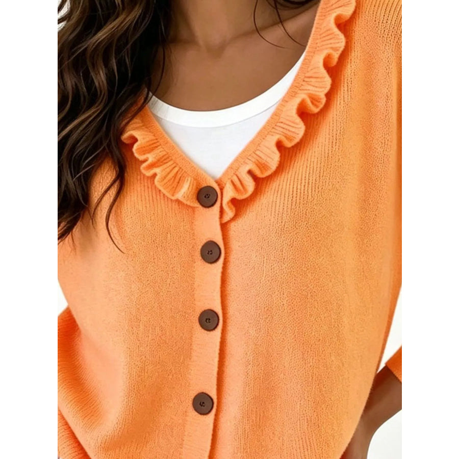 Ruffled Neckline Button-Up Cardigan Apparel and Accessories