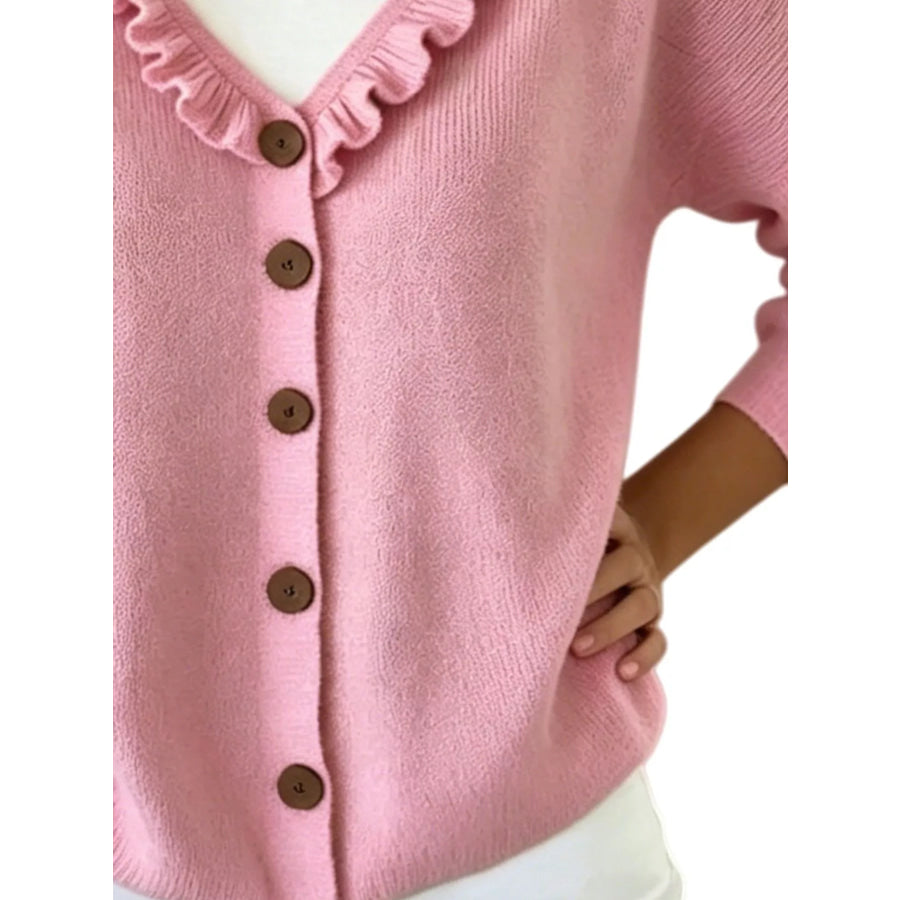 Ruffled Neckline Button-Up Cardigan Apparel and Accessories