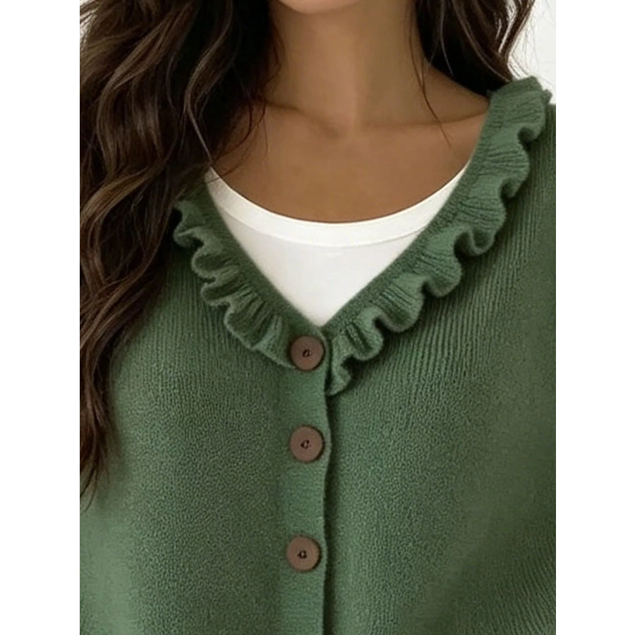 Ruffled Neckline Button-Up Cardigan Apparel and Accessories