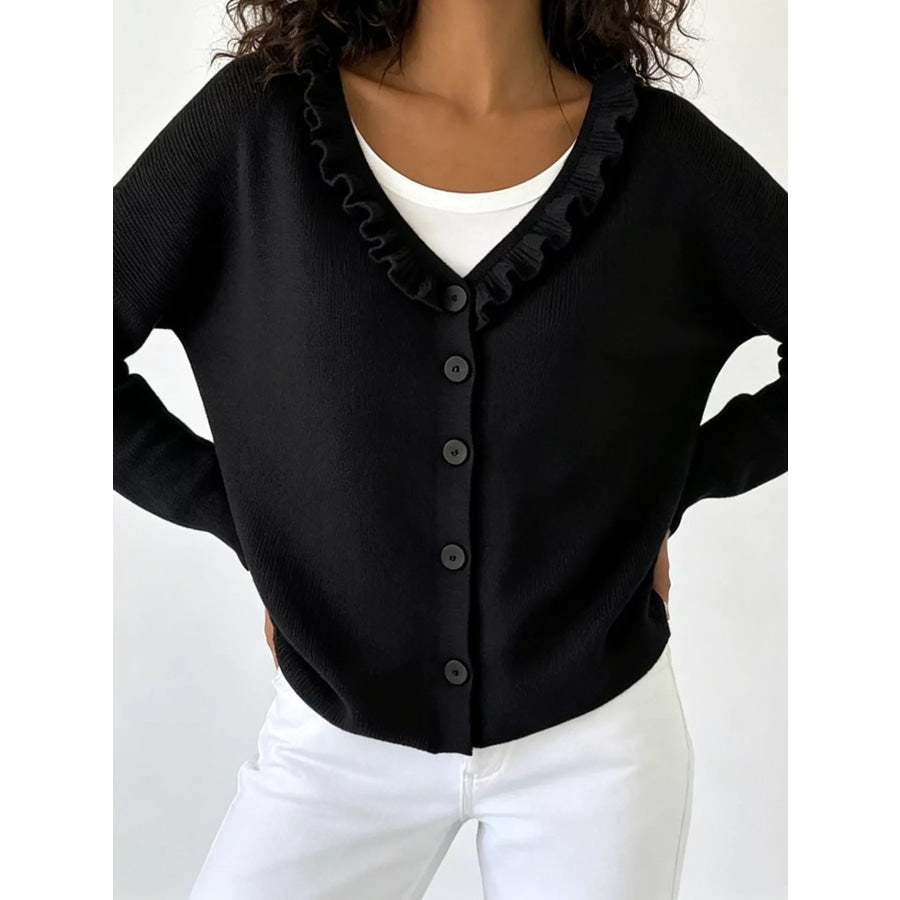 Ruffled Neckline Button-Up Cardigan Black / S Apparel and Accessories