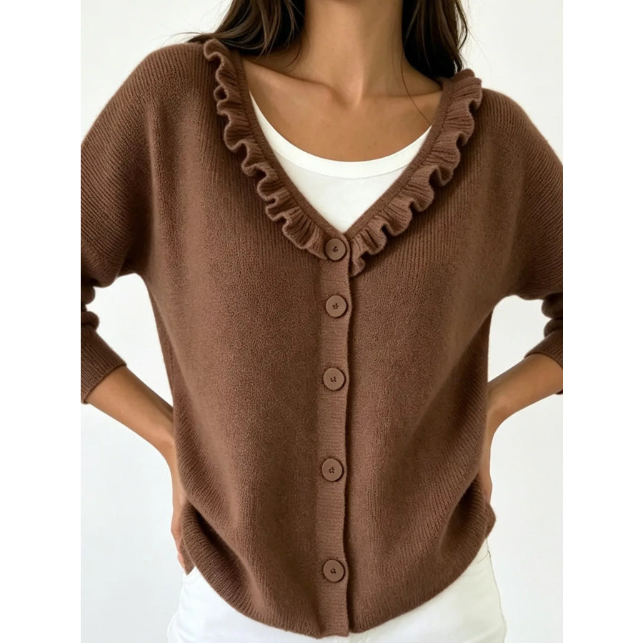 Ruffled Neckline Button-Up Cardigan Brown / S Apparel and Accessories