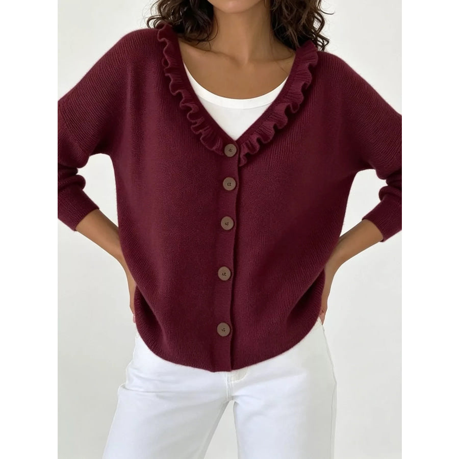 Ruffled Neckline Button-Up Cardigan Burgundy / S Apparel and Accessories