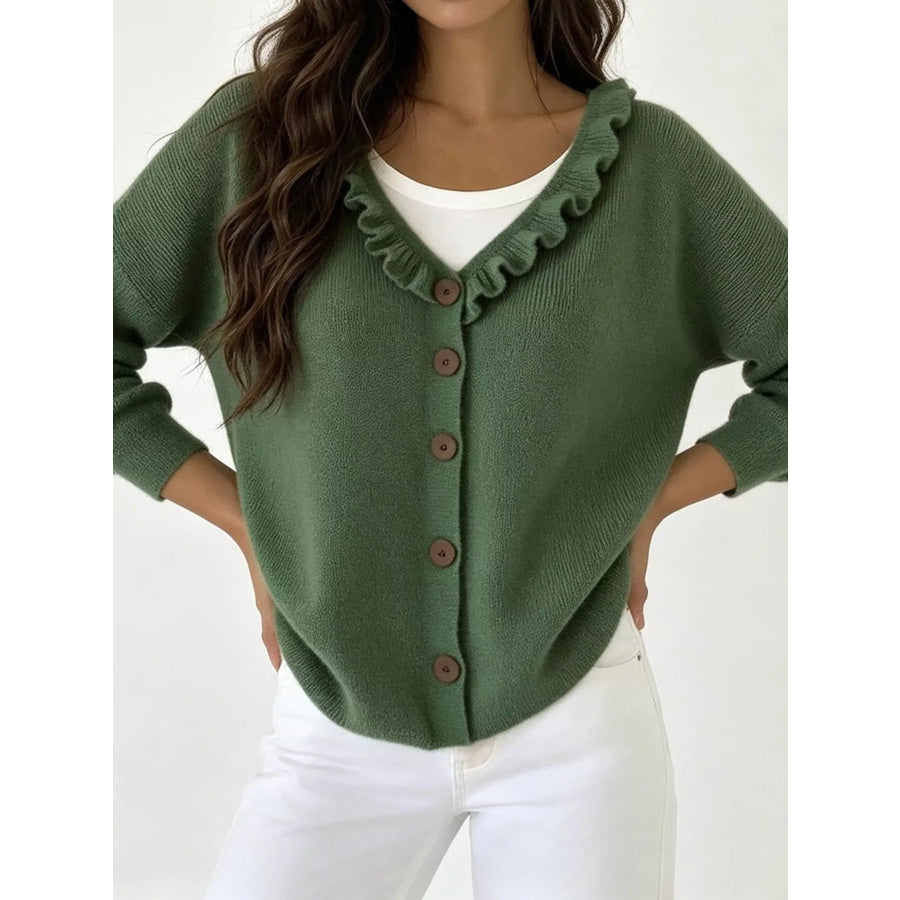 Ruffled Neckline Button-Up Cardigan Green / S Apparel and Accessories