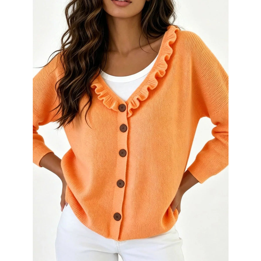 Ruffled Neckline Button-Up Cardigan Orange / S Apparel and Accessories