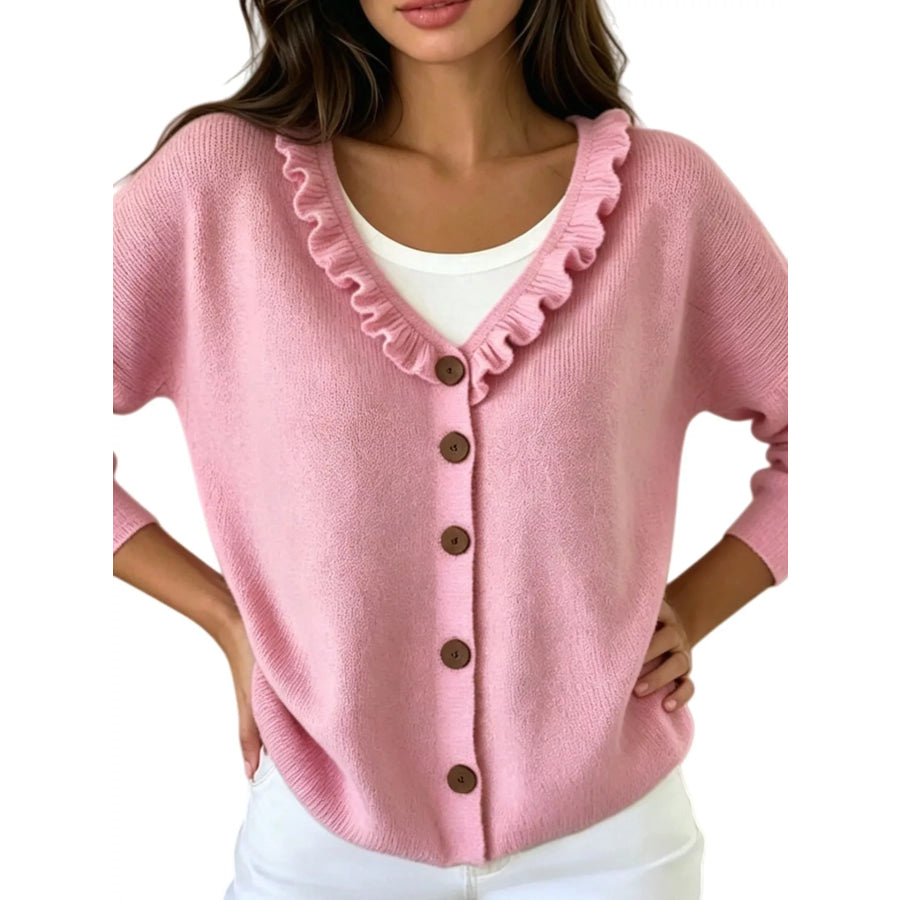 Ruffled Neckline Button-Up Cardigan Pink / S Apparel and Accessories
