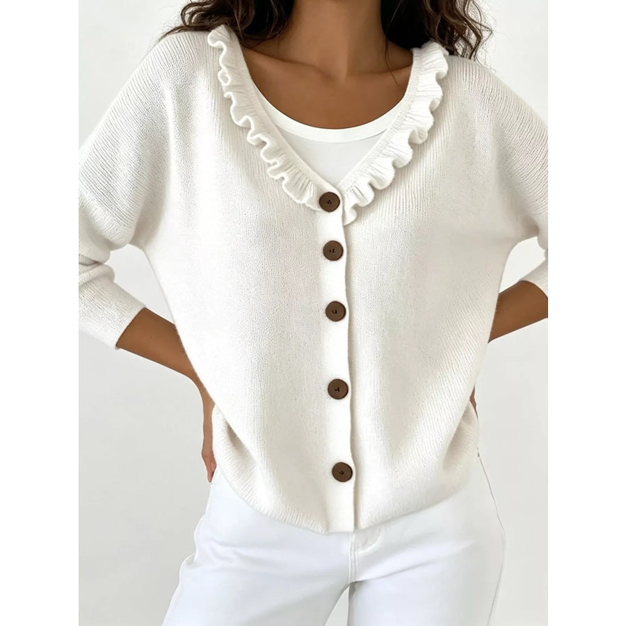 Ruffled Neckline Button-Up Cardigan White / S Apparel and Accessories