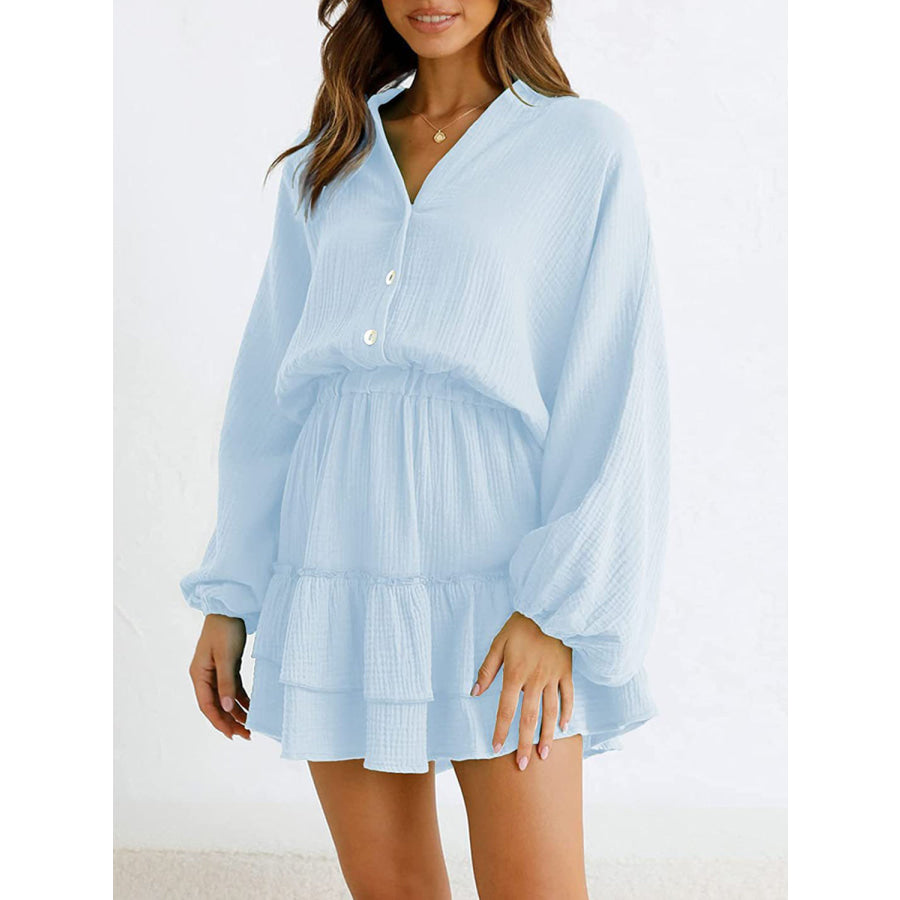 Ruffled Notched Balloon Sleeve Mini Dress Apparel and Accessories