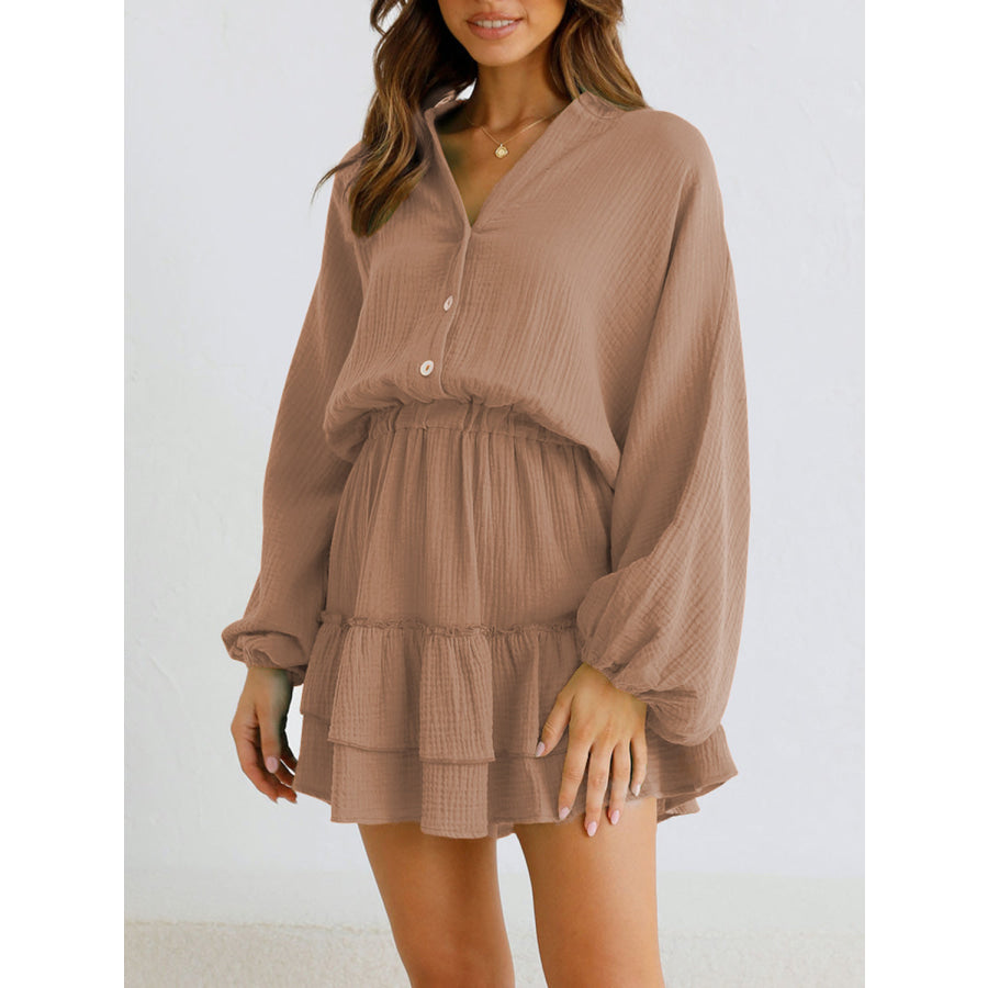 Ruffled Notched Balloon Sleeve Mini Dress Apparel and Accessories